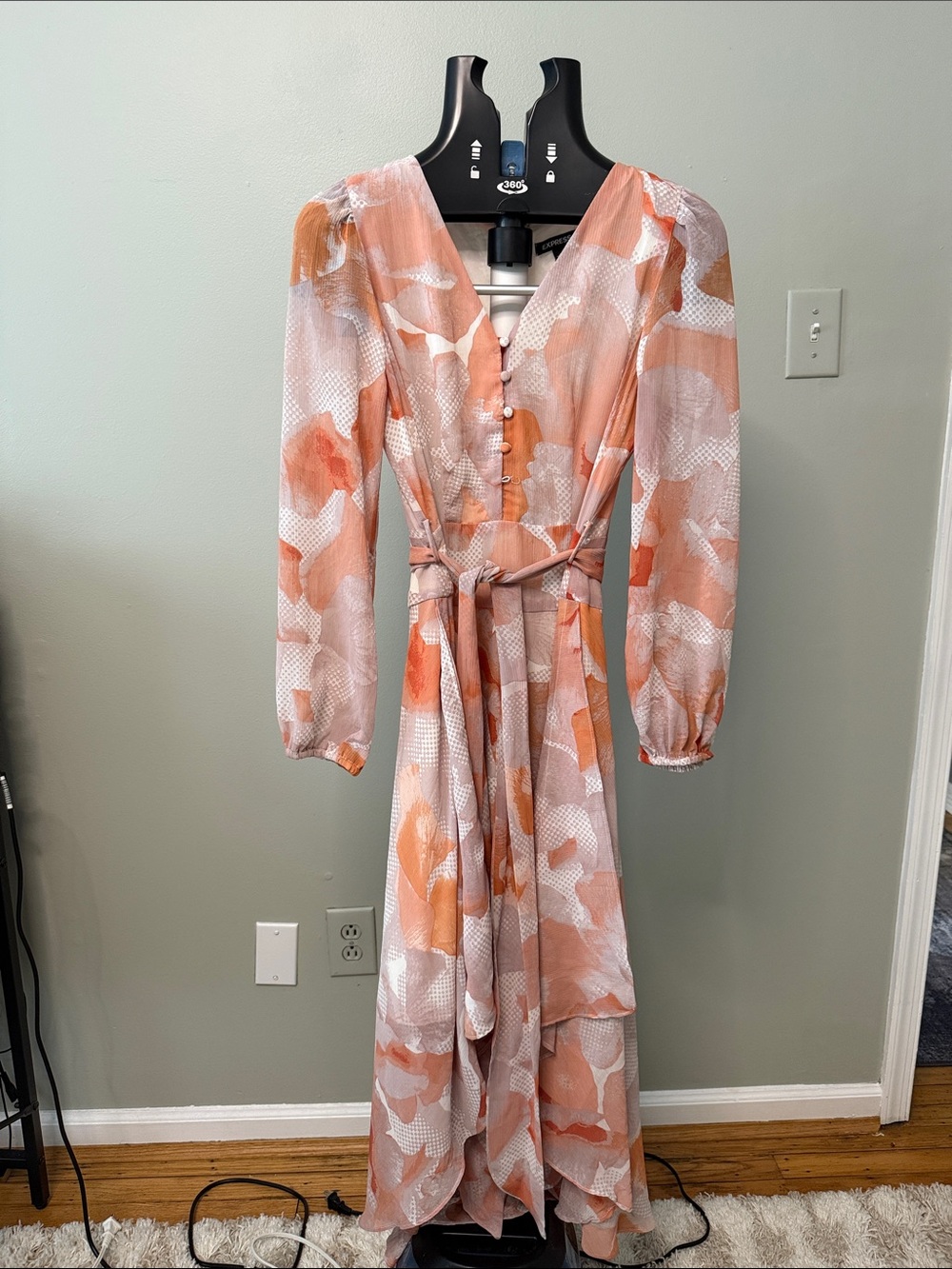 Summer Wedding Guest Dress Peach Floral Print Long Sleeve Dress Fairy Core